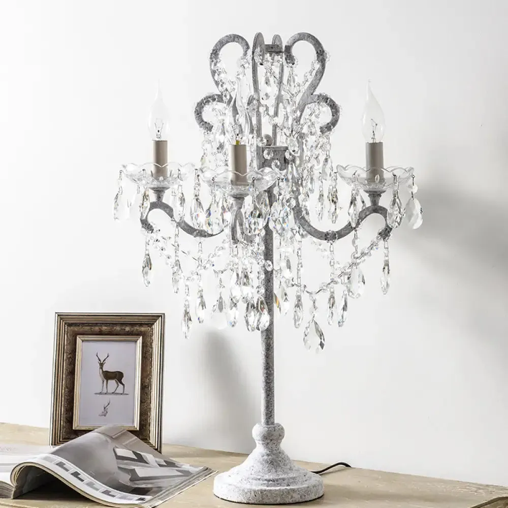 Antique Candle Nightstand Lamp - 4-Head Metallic Table Lighting with Crystal Bead Decor