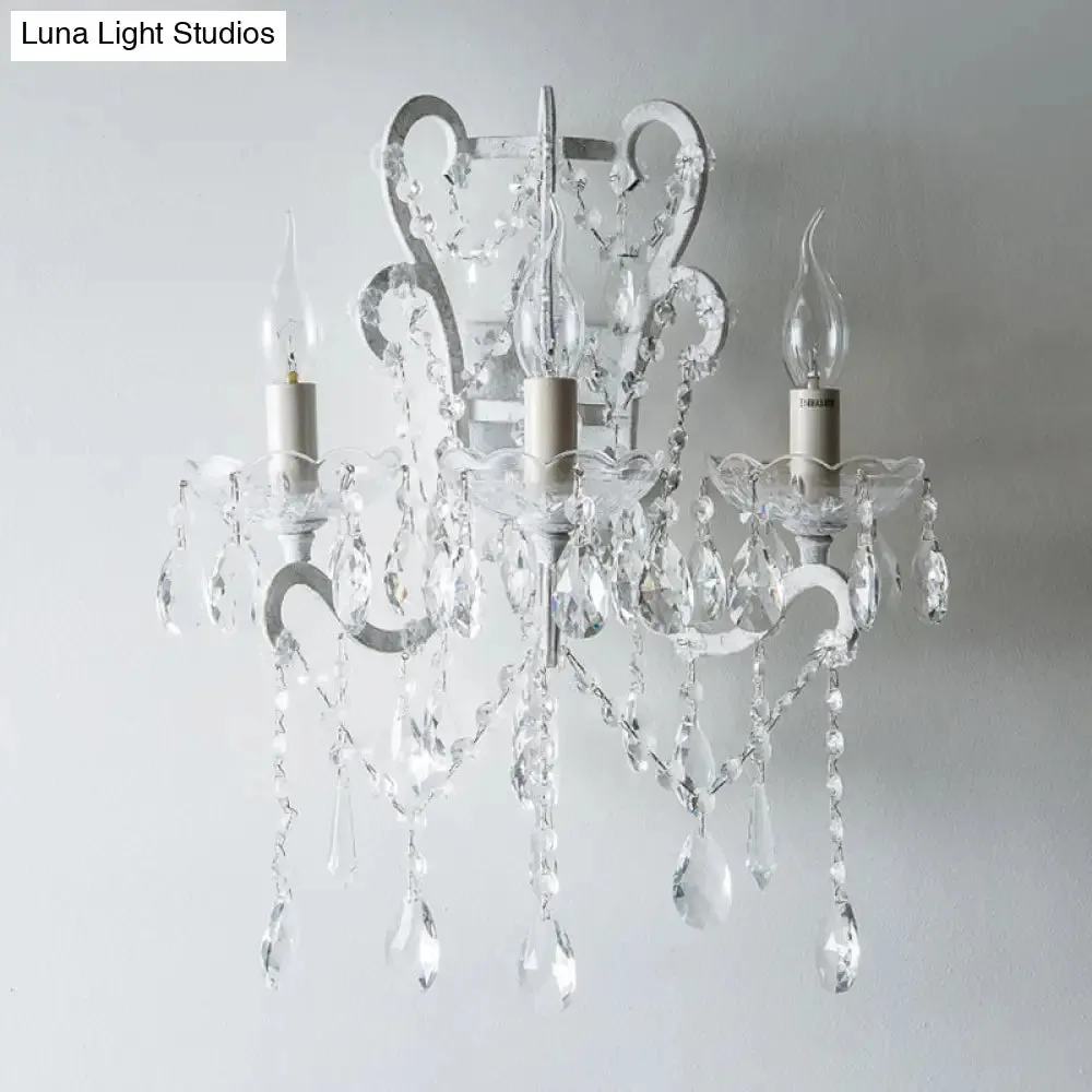 Antique Candlestick Wall Light with Crystal Accent - 3 Heads White Metallic Fixture