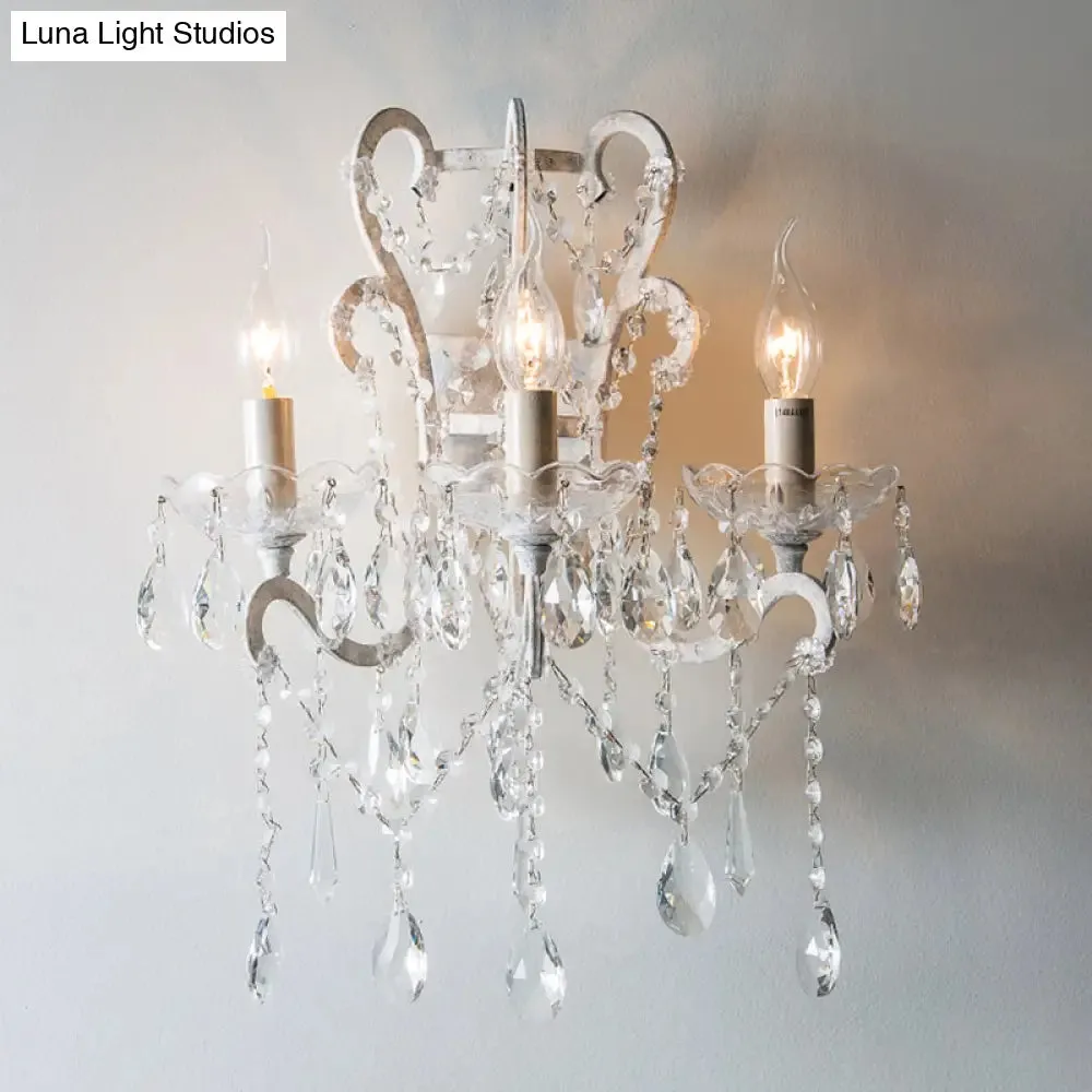 Antique Candlestick Wall Light with Crystal Accent - 3 Heads White Metallic Fixture