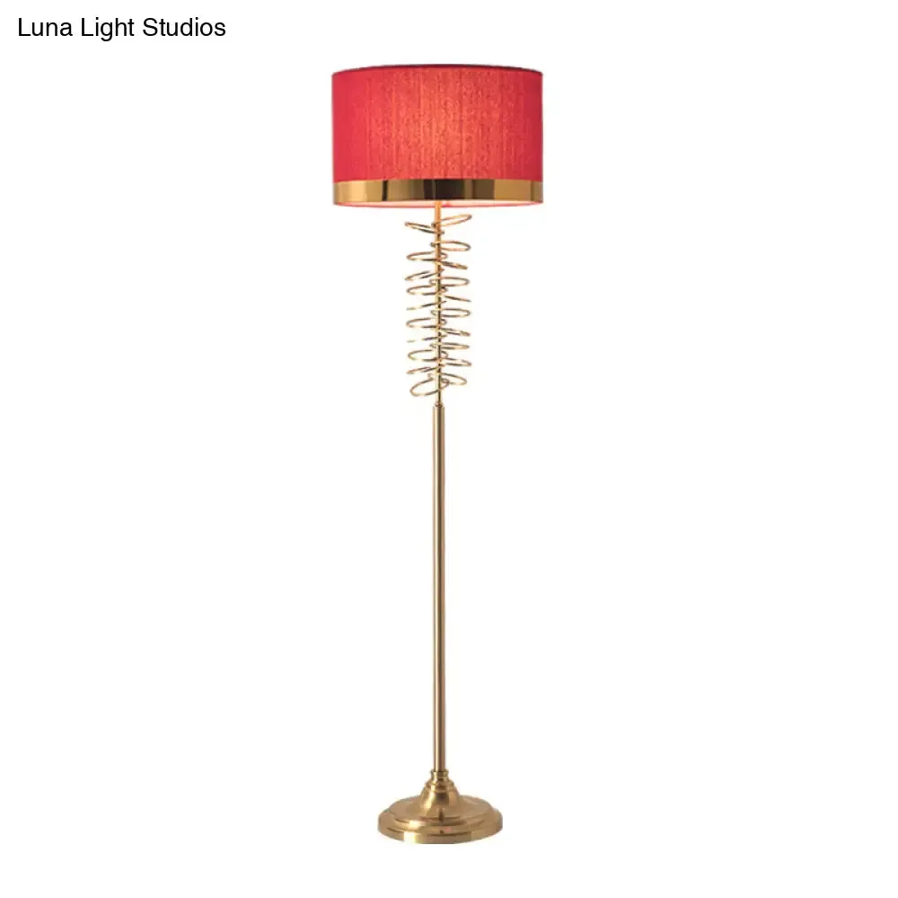 Antique Floor Lamp with White/Red Fabric Drum Shade, Single Head and Rings Deco - Ideal for Parlor