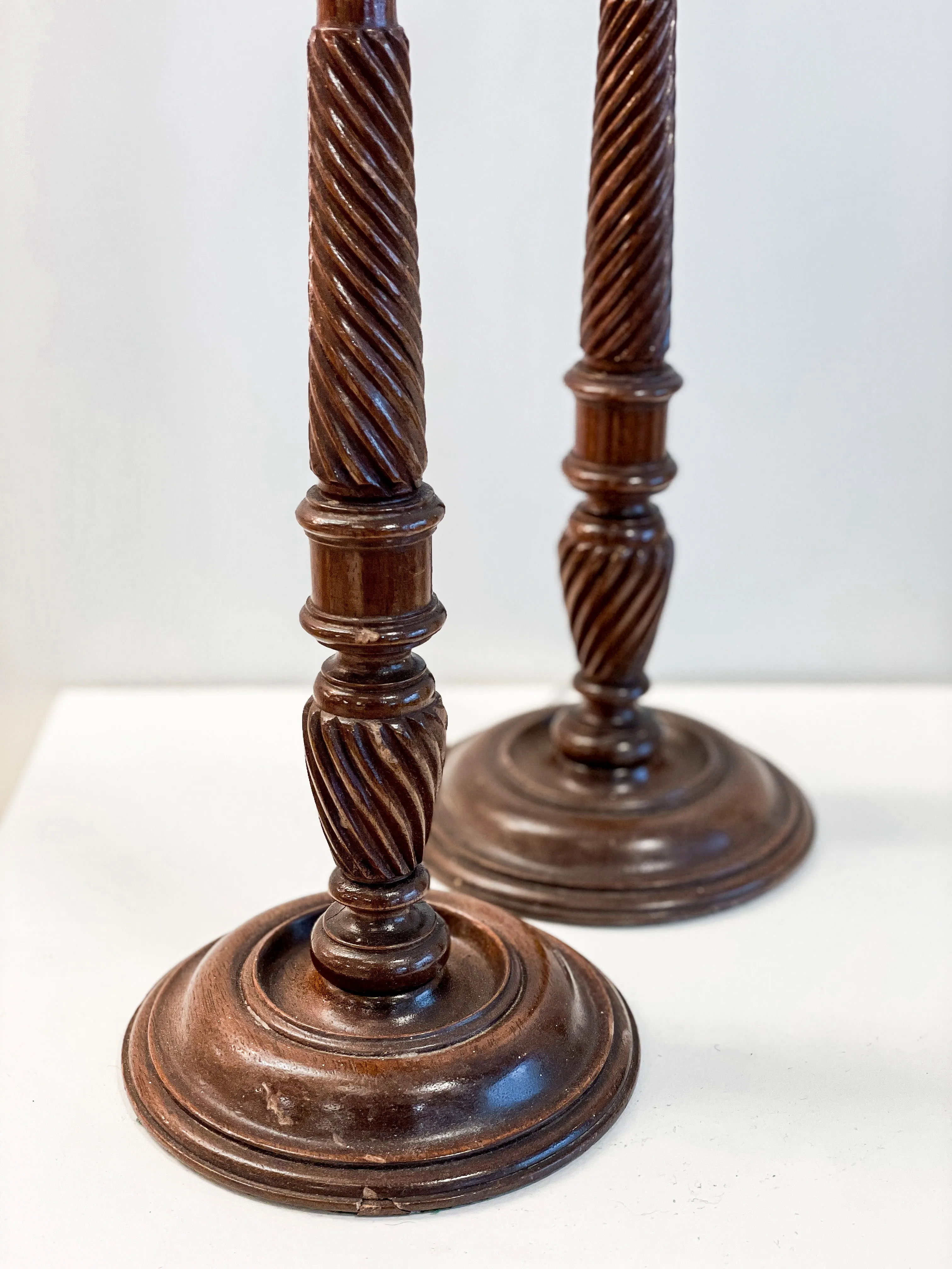 Antique Oak & Brass Candlesticks (Pair)