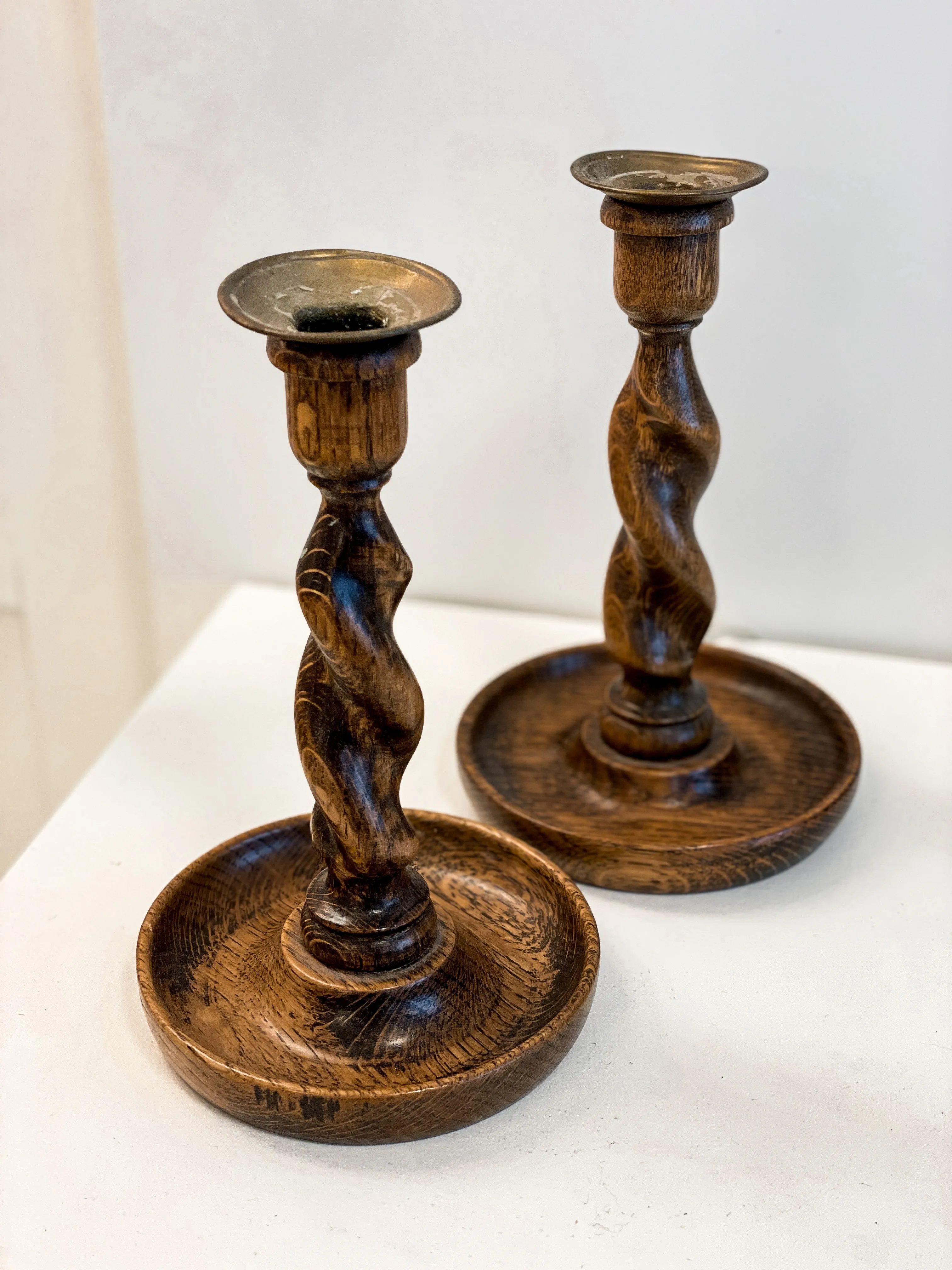 Antique Oak Barley Twist Candlesticks (pair)