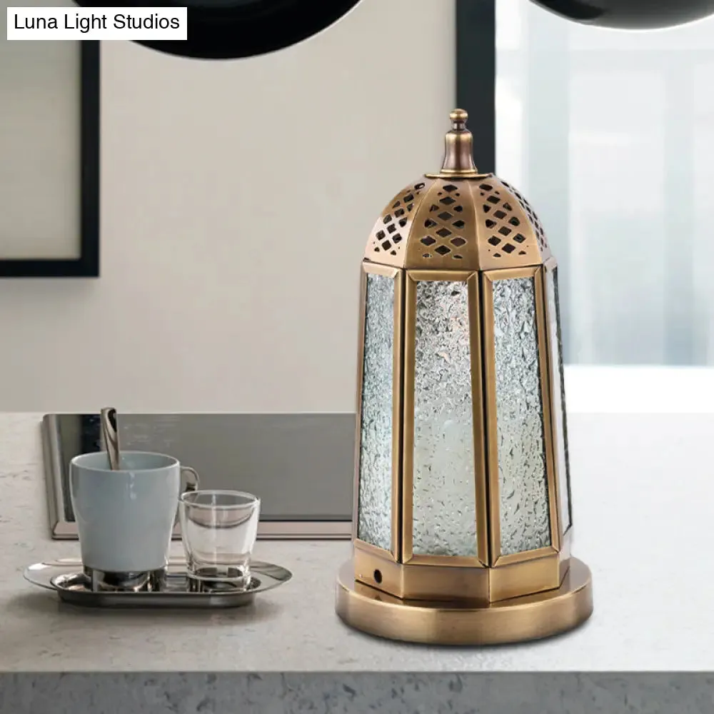 Antiqued Tower Desk Lamp - Clear Pebbled Glass Night Table Light with 1 Head in Brass Finish