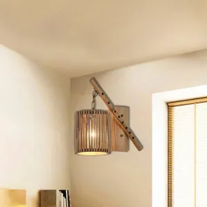 Bamboo Cylindrical Shade Wall Sconce - Asian Style, 1 Light Wood Lamp with Flute Decoration - Left/Right