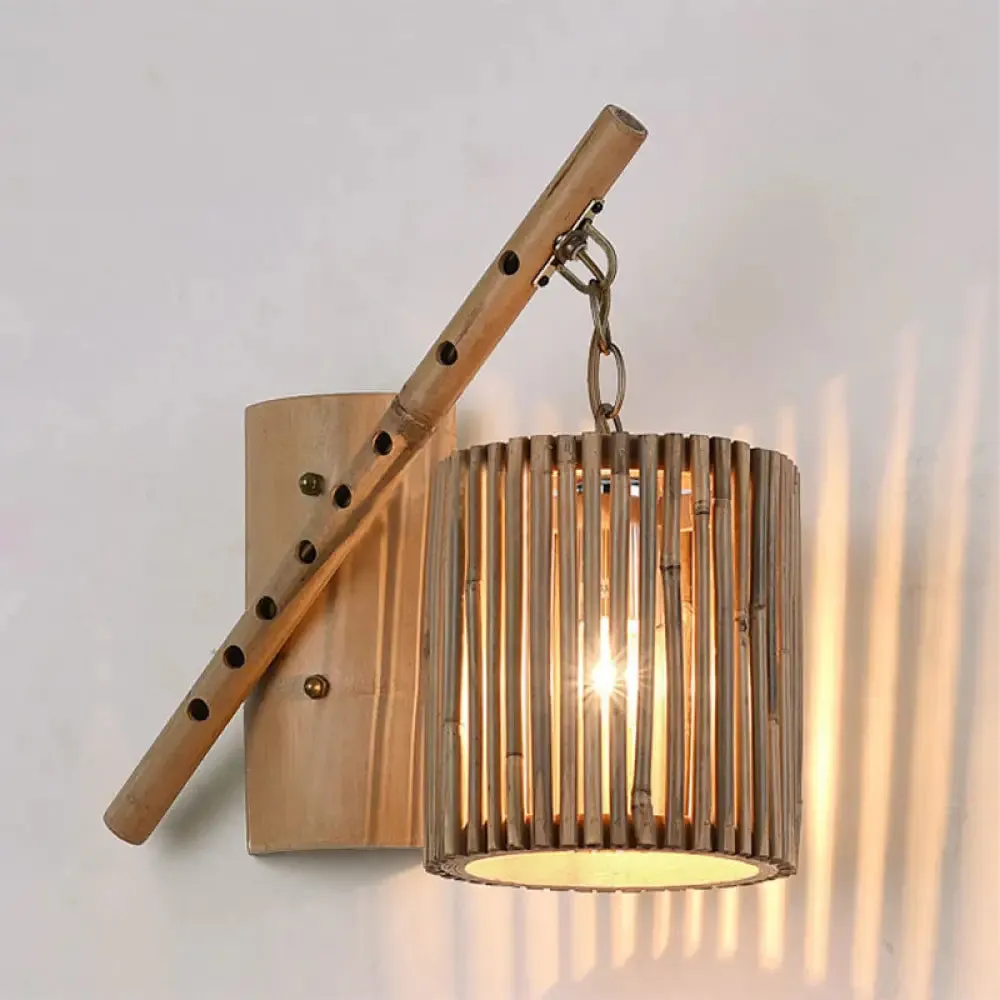 Bamboo Cylindrical Shade Wall Sconce - Asian Style, 1 Light Wood Lamp with Flute Decoration - Left/Right