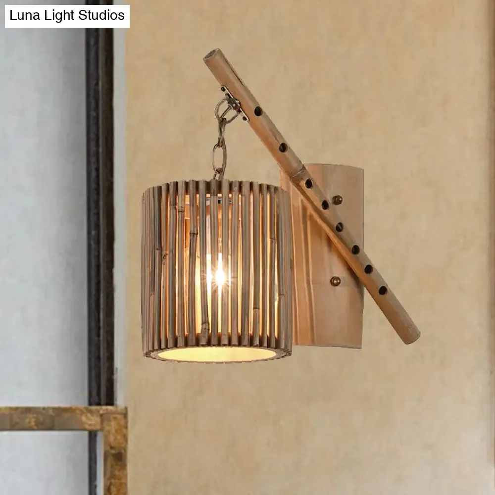 Bamboo Cylindrical Shade Wall Sconce - Asian Style, 1 Light Wood Lamp with Flute Decoration - Left/Right