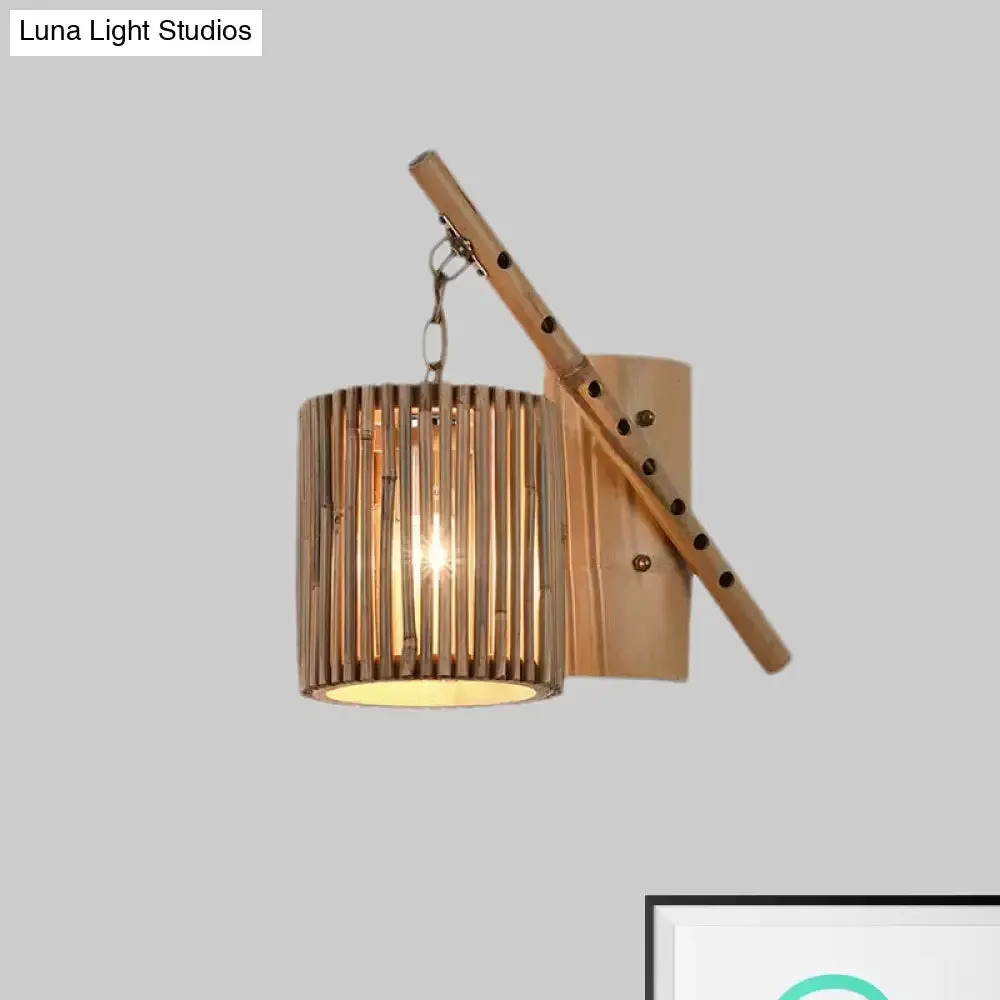 Bamboo Cylindrical Shade Wall Sconce - Asian Style, 1 Light Wood Lamp with Flute Decoration - Left/Right
