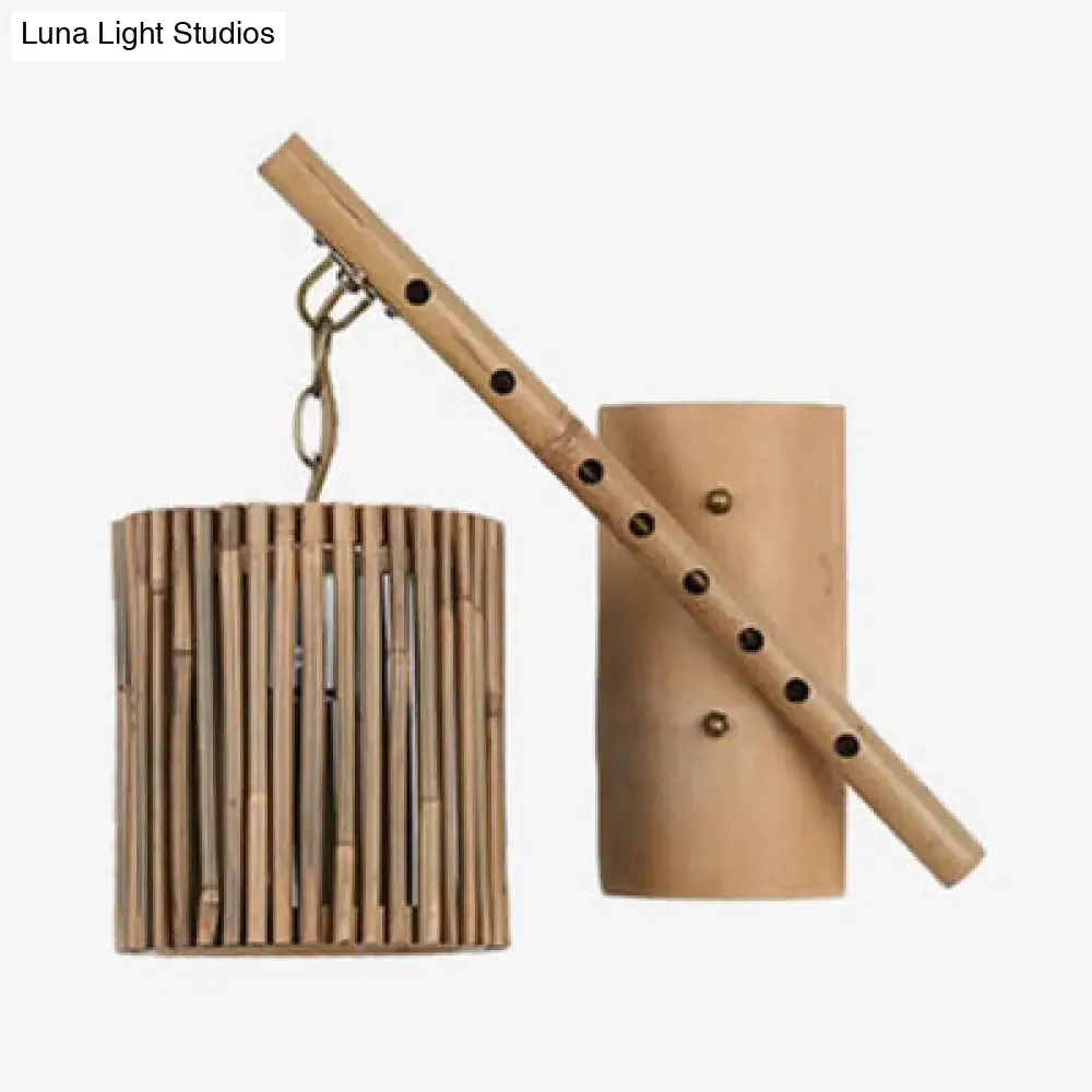 Bamboo Cylindrical Shade Wall Sconce - Asian Style, 1 Light Wood Lamp with Flute Decoration - Left/Right