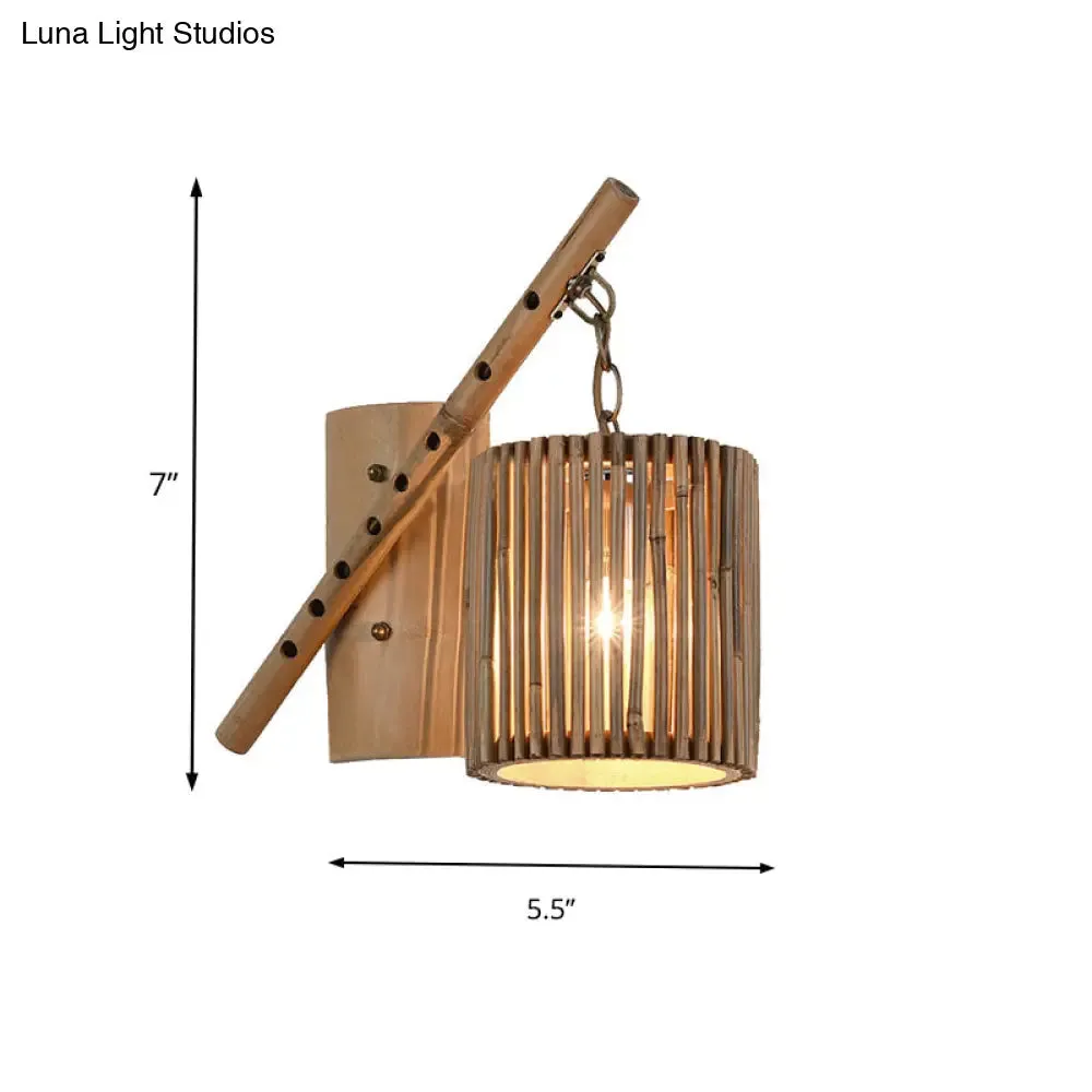 Bamboo Cylindrical Shade Wall Sconce - Asian Style, 1 Light Wood Lamp with Flute Decoration - Left/Right