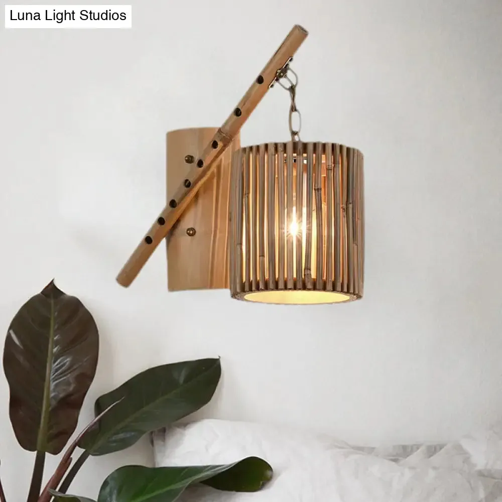 Bamboo Cylindrical Shade Wall Sconce - Asian Style, 1 Light Wood Lamp with Flute Decoration - Left/Right