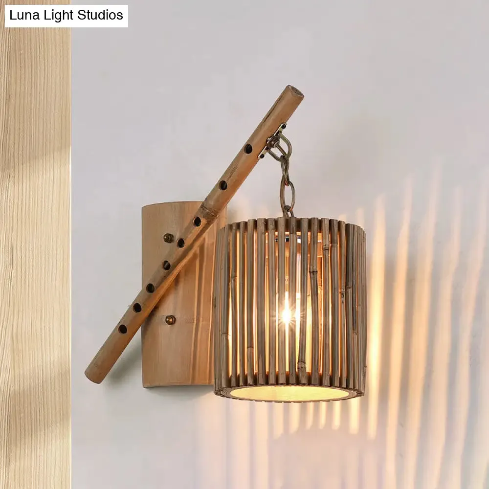 Bamboo Cylindrical Shade Wall Sconce - Asian Style, 1 Light Wood Lamp with Flute Decoration - Left/Right