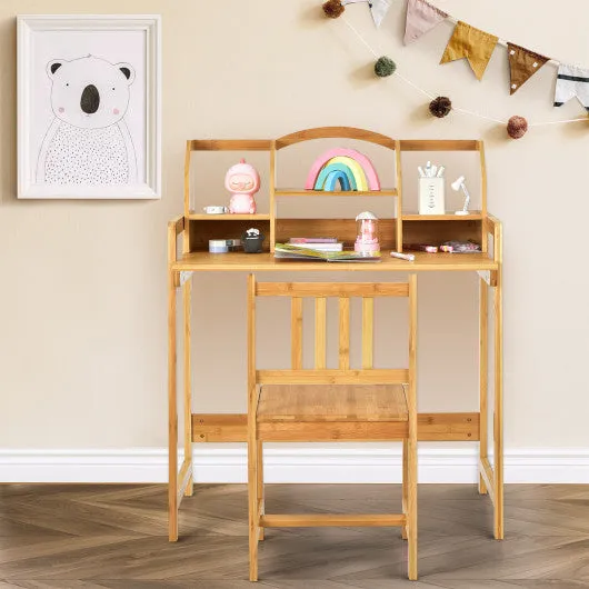 Bamboo Kids Study Desk and Chair Set with Bookshelf