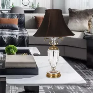 Bedroom Crystal Night Lamp - Elegant Black Nightstand Light with Fabric Shade