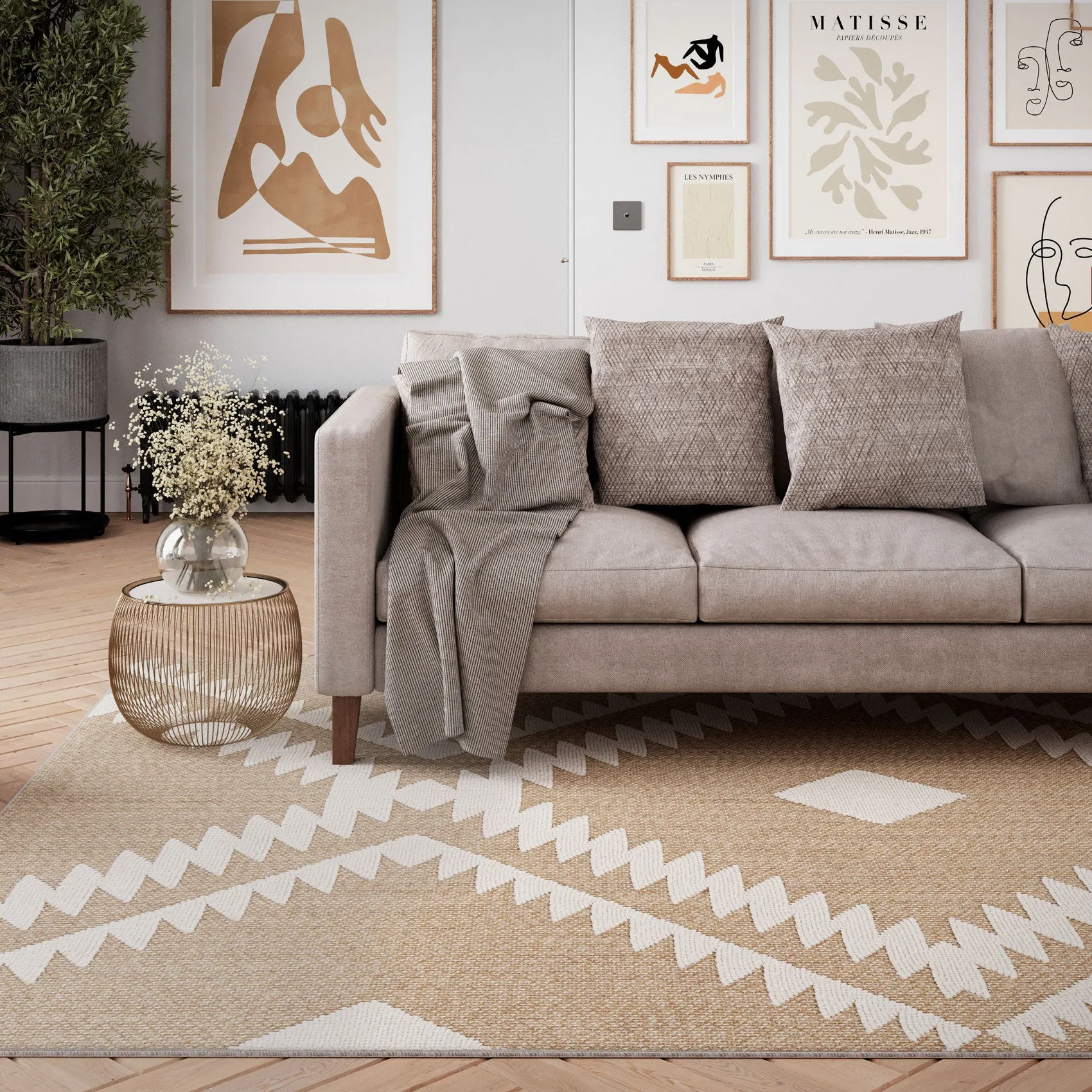 Beige Geometric Loop Pile Rug