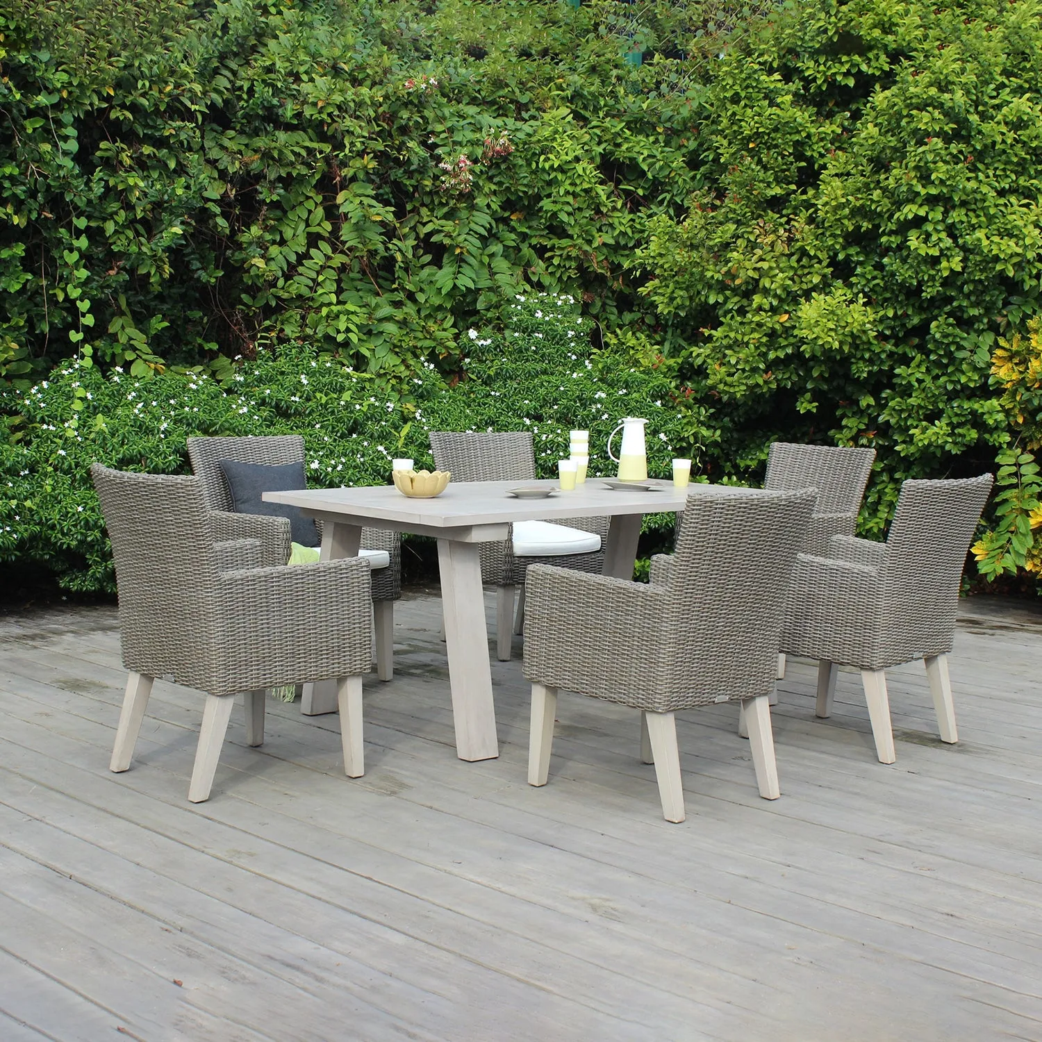 Big BBQ Co Exterior Oasis Dining Set Wicker Chairs W/ Cushions & Wood Table Gray
