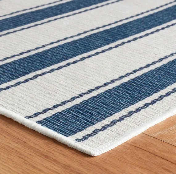 Blue Awning Stripe Machine Washable Rug