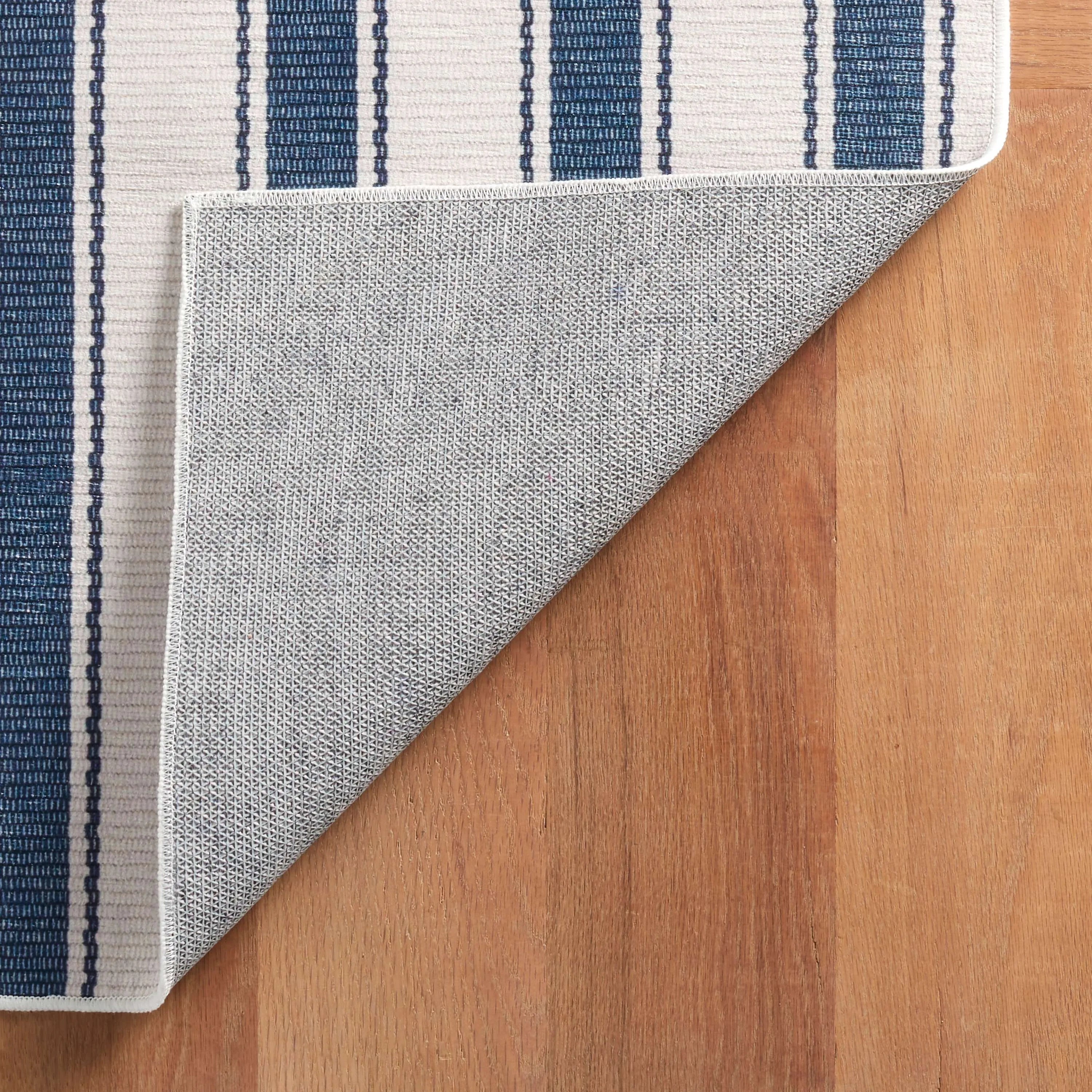 Blue Awning Stripe Machine Washable Rug
