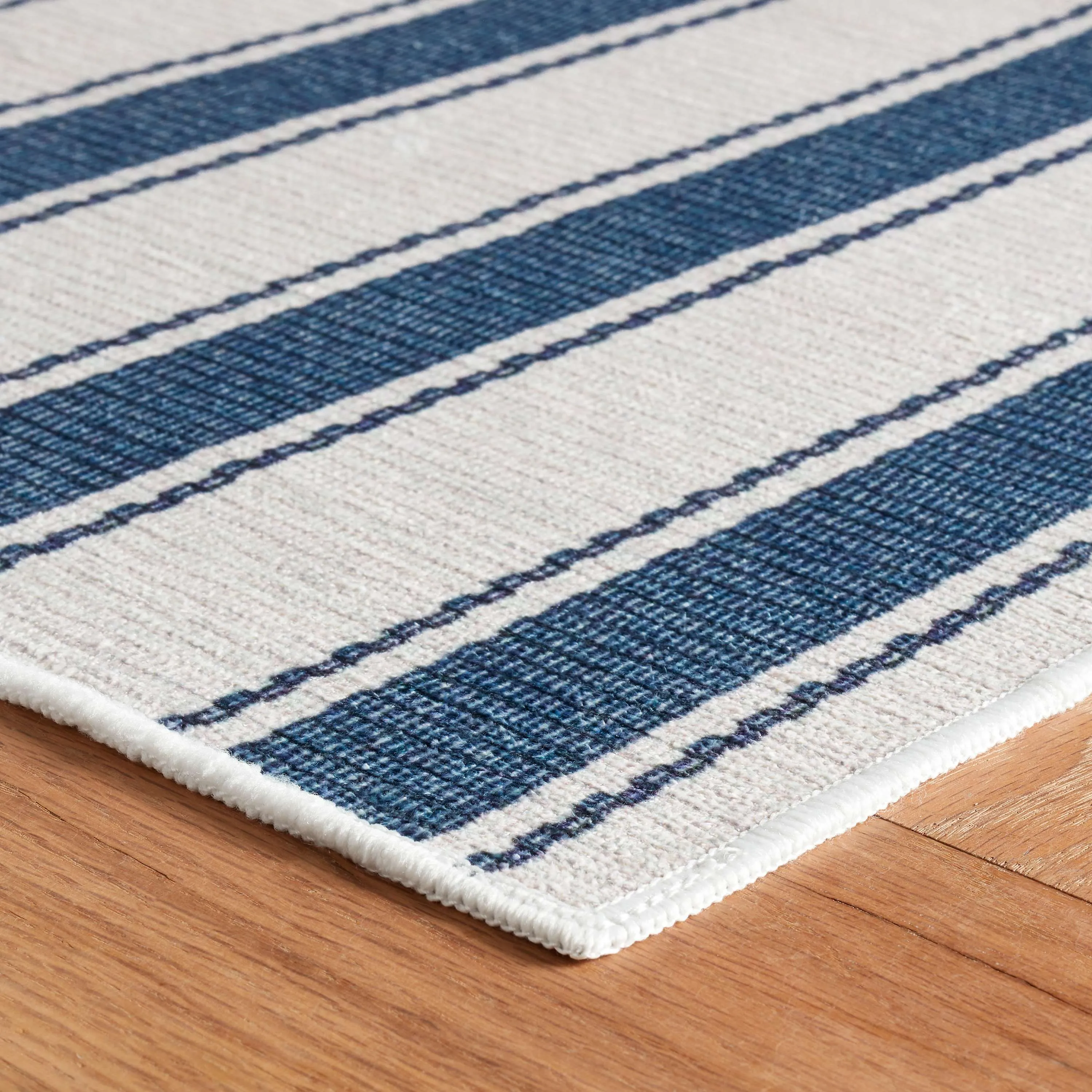 Blue Awning Stripe Machine Washable Rug