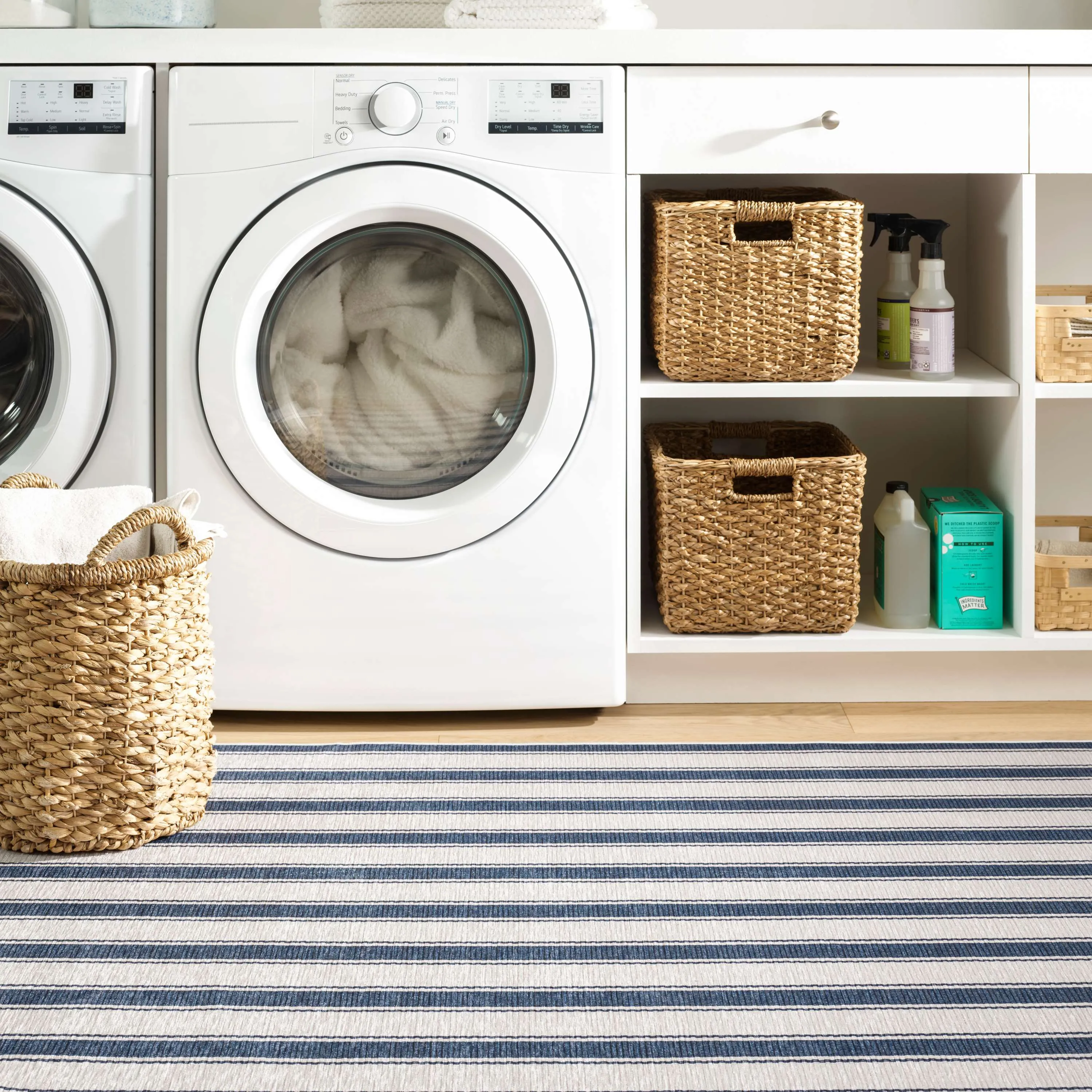 Blue Awning Stripe Machine Washable Rug
