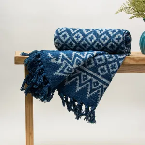 Blue Geometrical Print Cotton Couch Throws For Home Decor