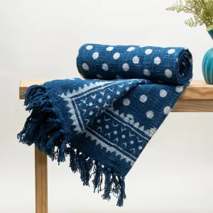 Blue Hand Block Polka Dots Print Cotton Throws for Sofas For Home Decor