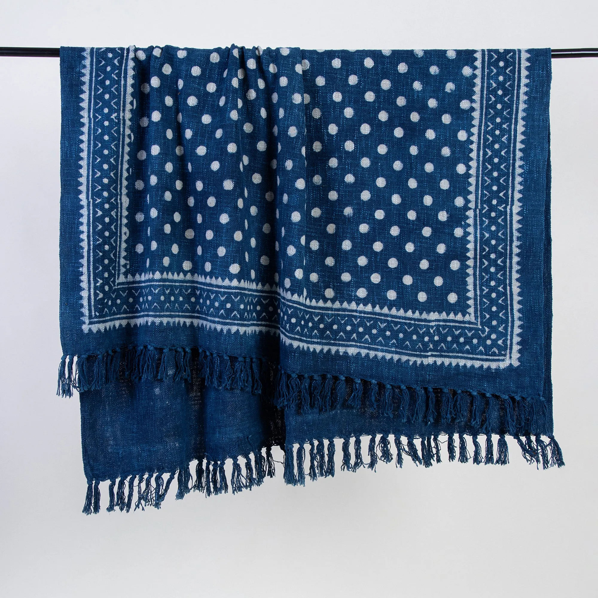 Blue Hand Block Polka Dots Print Cotton Throws for Sofas For Home Decor
