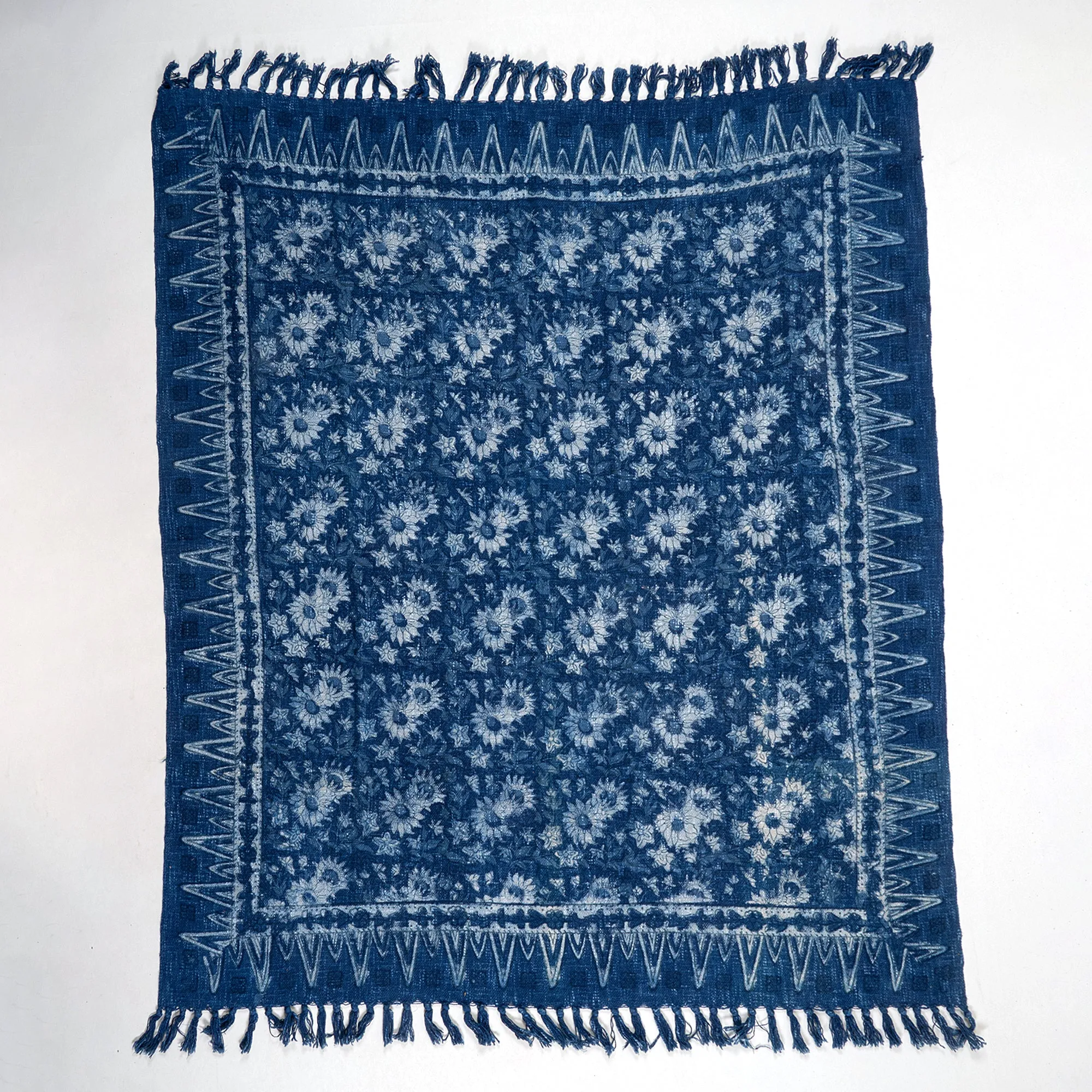 Blue Hand Block Sun Flower Print Pure Cotton Throw Sofa Blanket