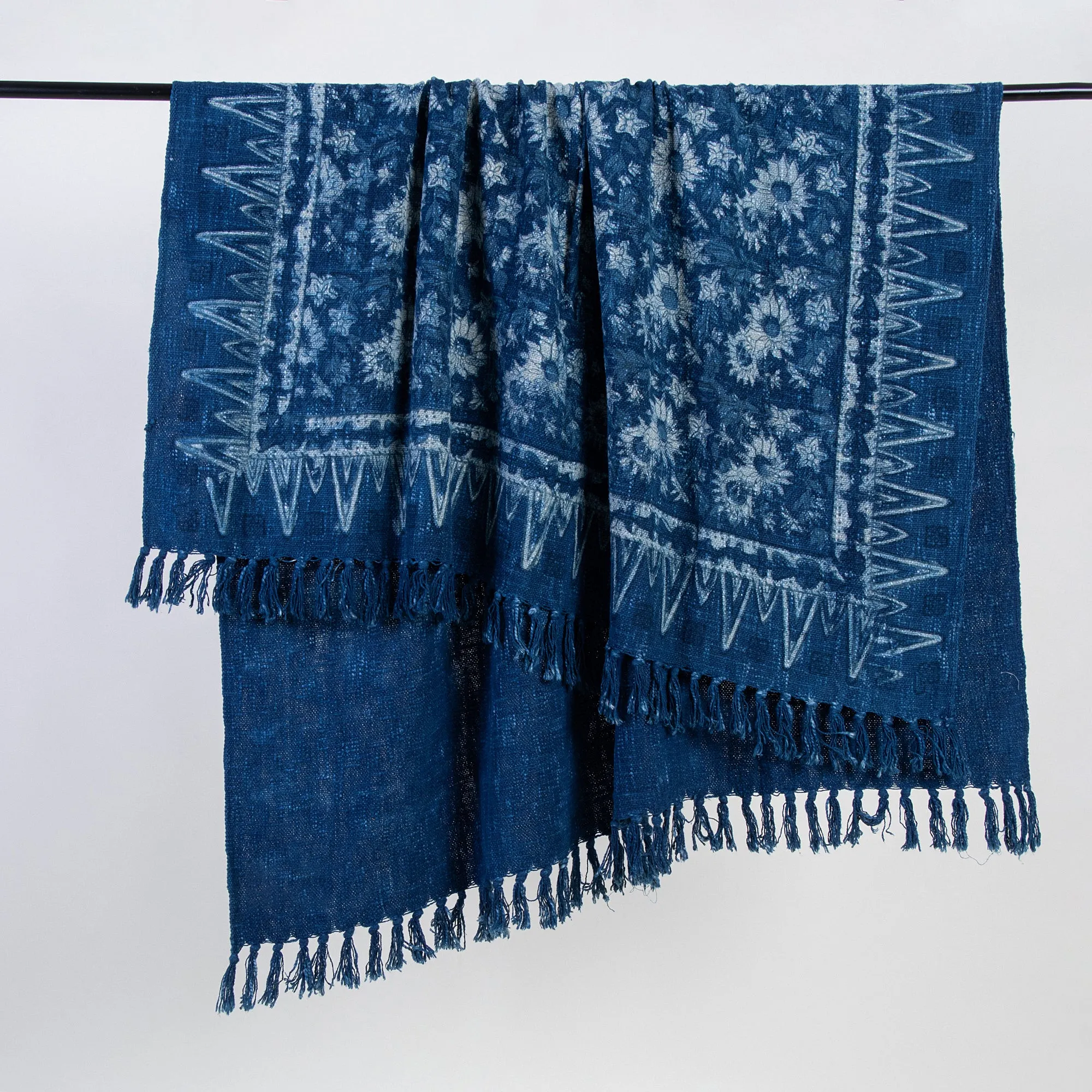 Blue Hand Block Sun Flower Print Pure Cotton Throw Sofa Blanket