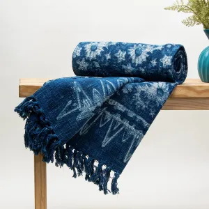 Blue Hand Block Sun Flower Print Pure Cotton Throw Sofa Blanket