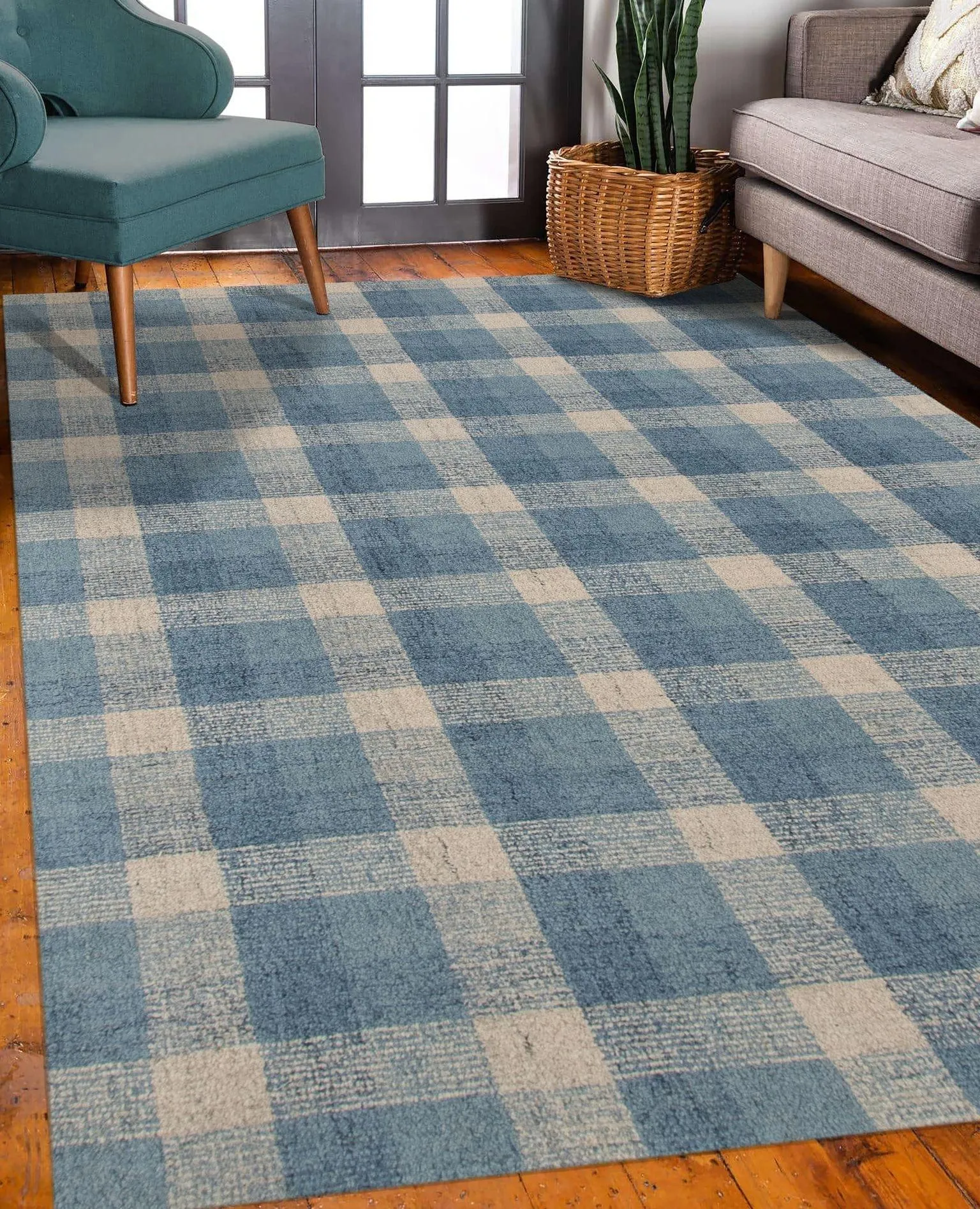 Blue Wool Tartan 8X10 Feet Hand-Tufted Carpet - Rug