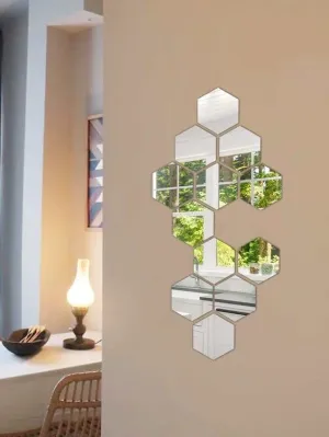Bnezz -12 Hexagon Mirror Wall Stickers for Wall Size (10.5x12.1) Cm Acrylic Mirror for Wall Stickers for Bedroom | Bathroom | Kitchen | Living Room Decoration Items (Pack of -V-12HexaSilver) Silver