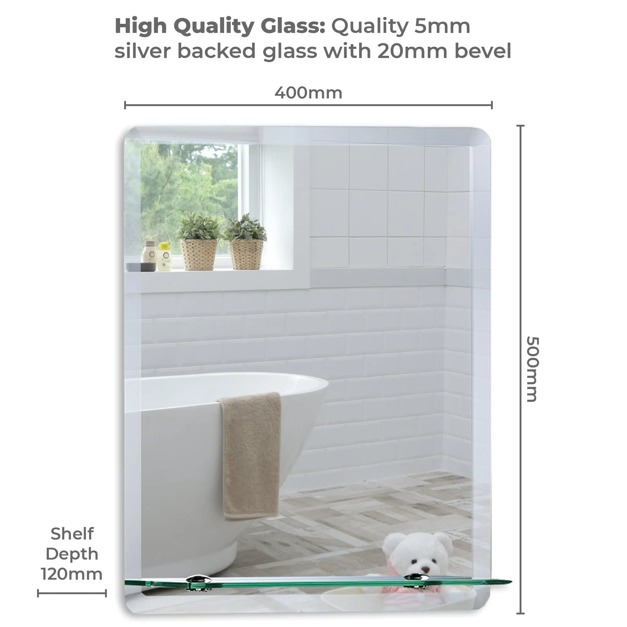 Bonita Rectangular Bathroom Wall Mirror with Shelf 3 Sizes: Sizes 50Hx40Wcm and 60Hx45Wcm and 70Hx50Wcm