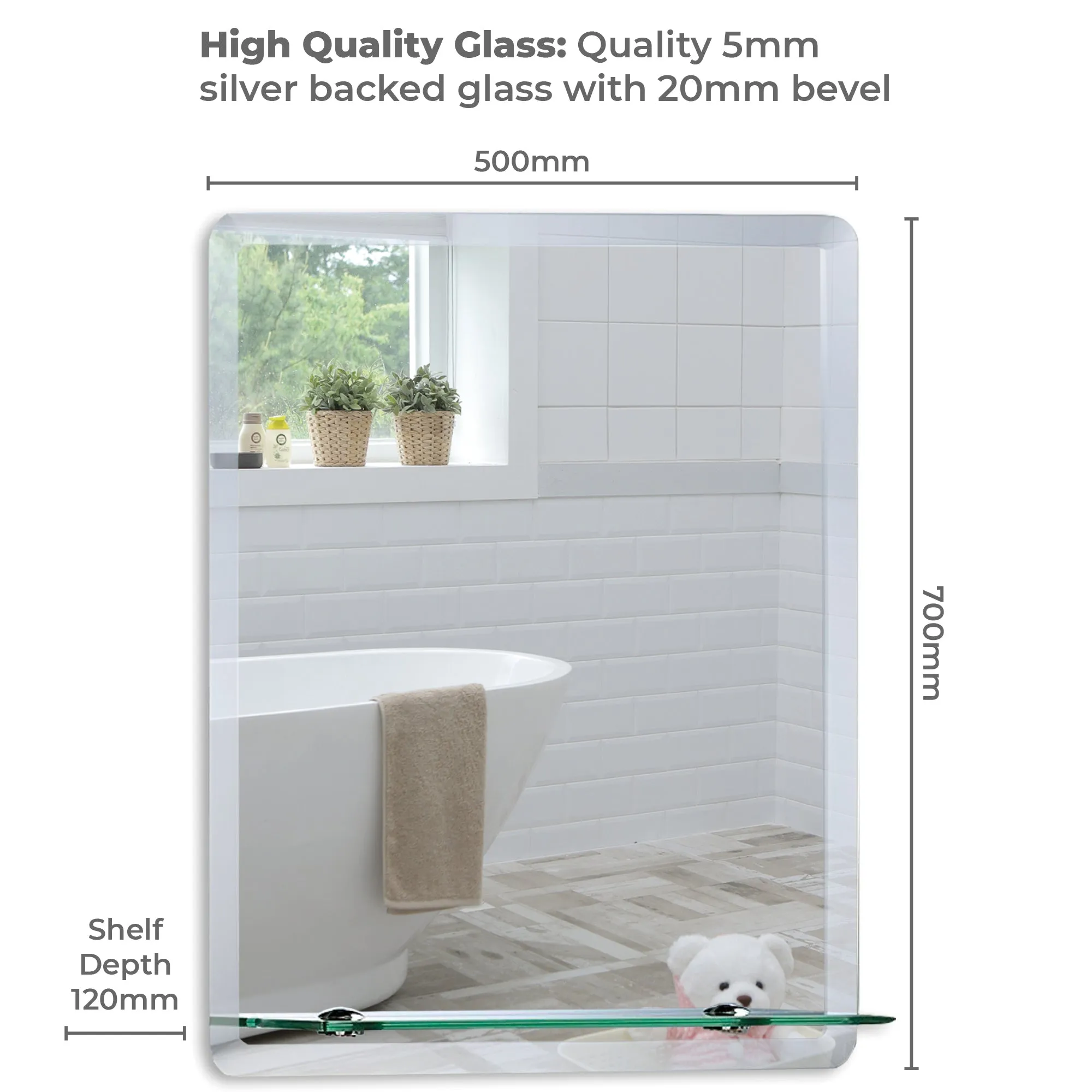 Bonita Rectangular Bathroom Wall Mirror with Shelf 3 Sizes: Sizes 50Hx40Wcm and 60Hx45Wcm and 70Hx50Wcm