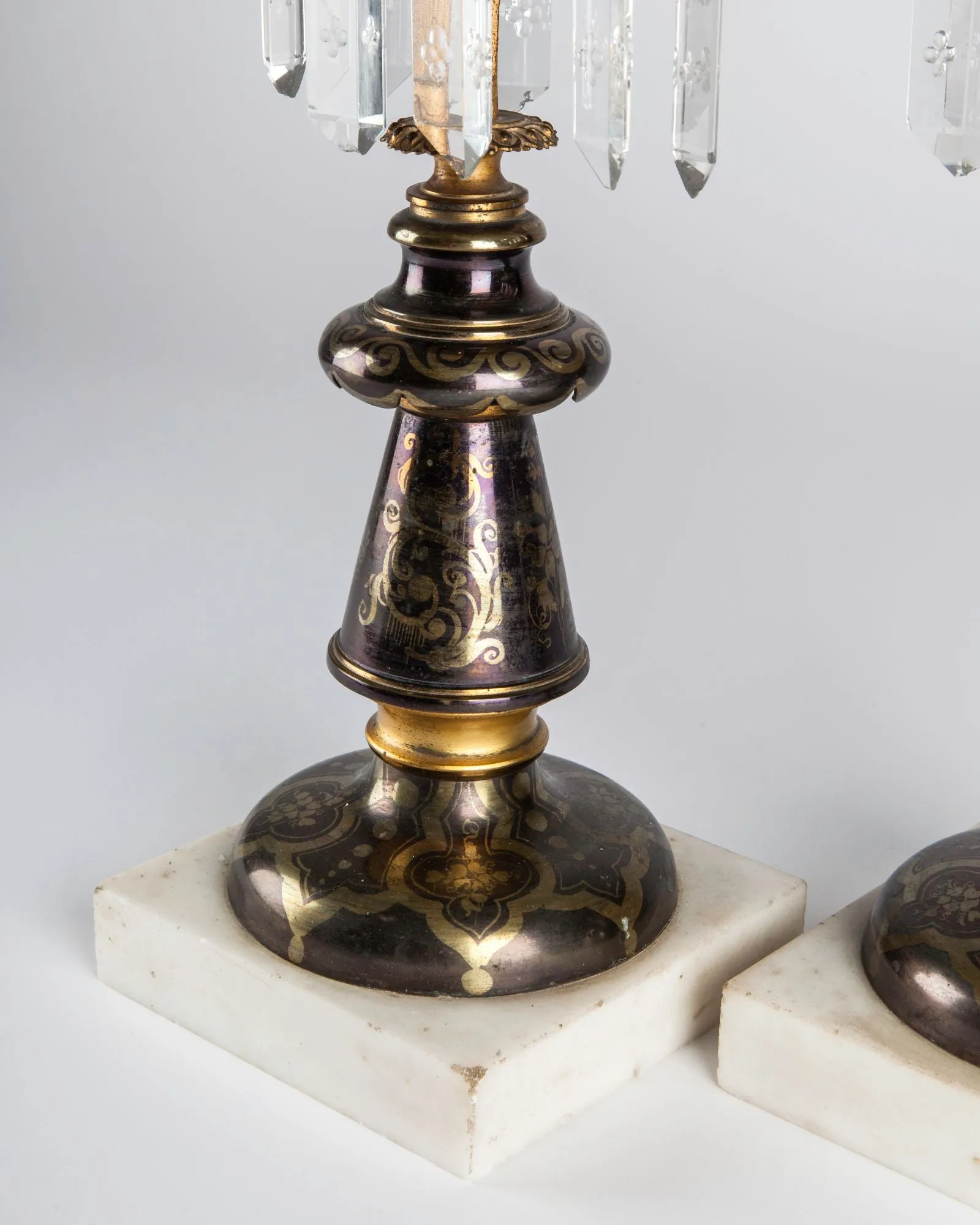 Brass and Marble Candelabra with Crystal Prisms
