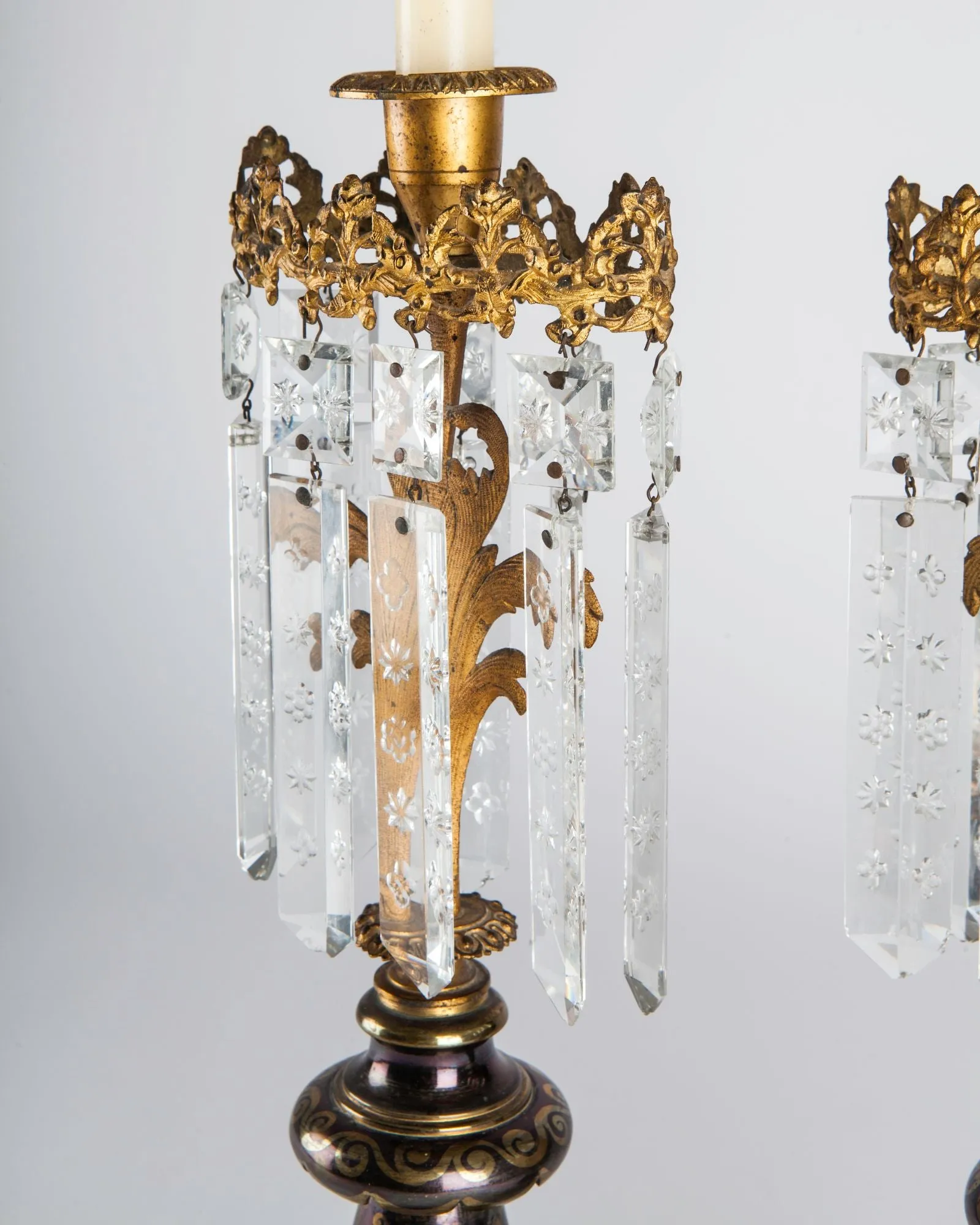 Brass and Marble Candelabra with Crystal Prisms
