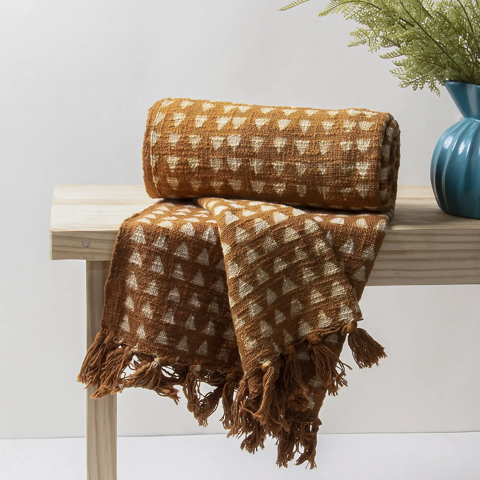 Brown Hand Block Geometrical Print Soft Sofa Blanket