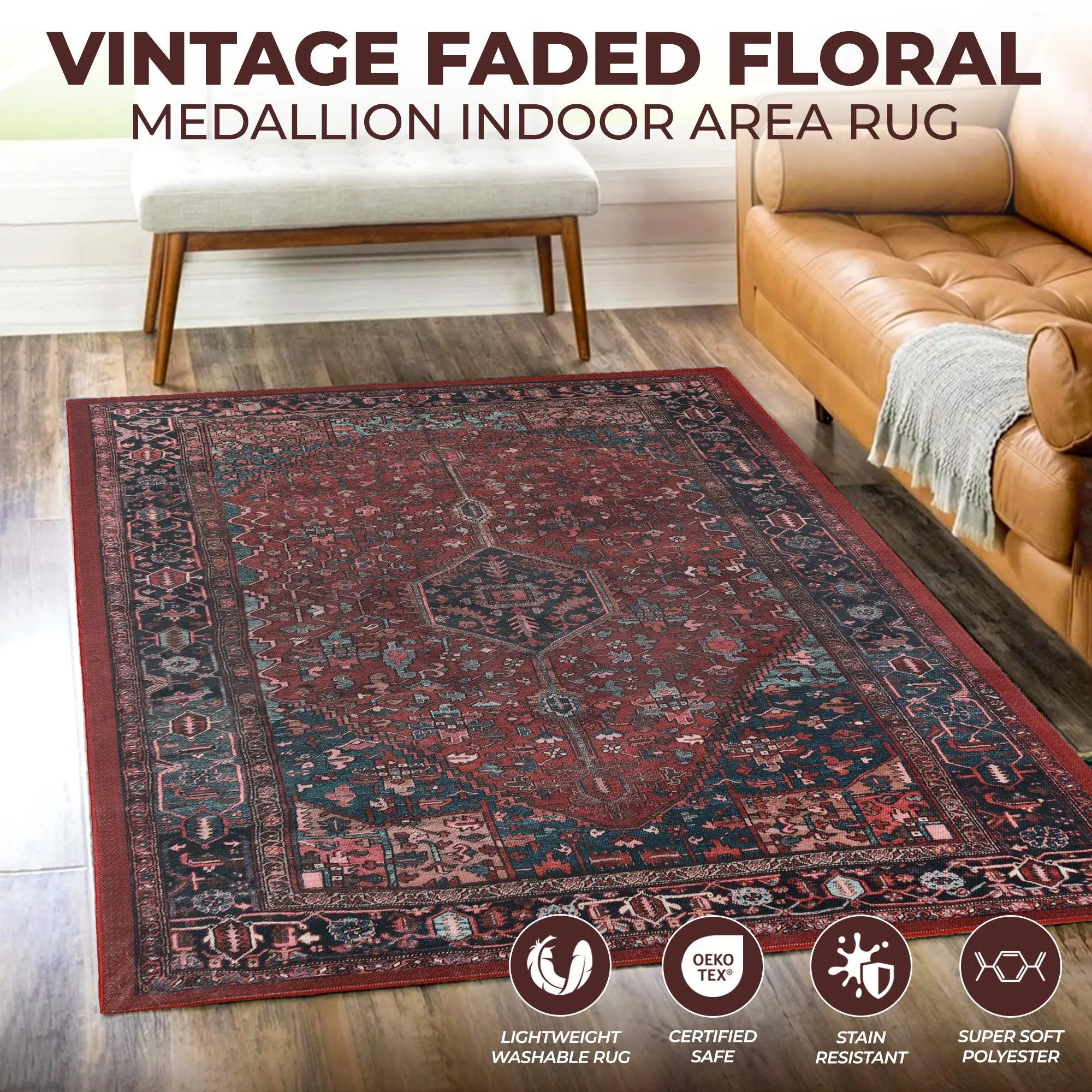 Cardinal Floral Medallion Washable Indoor Area Rug or Runner Rug