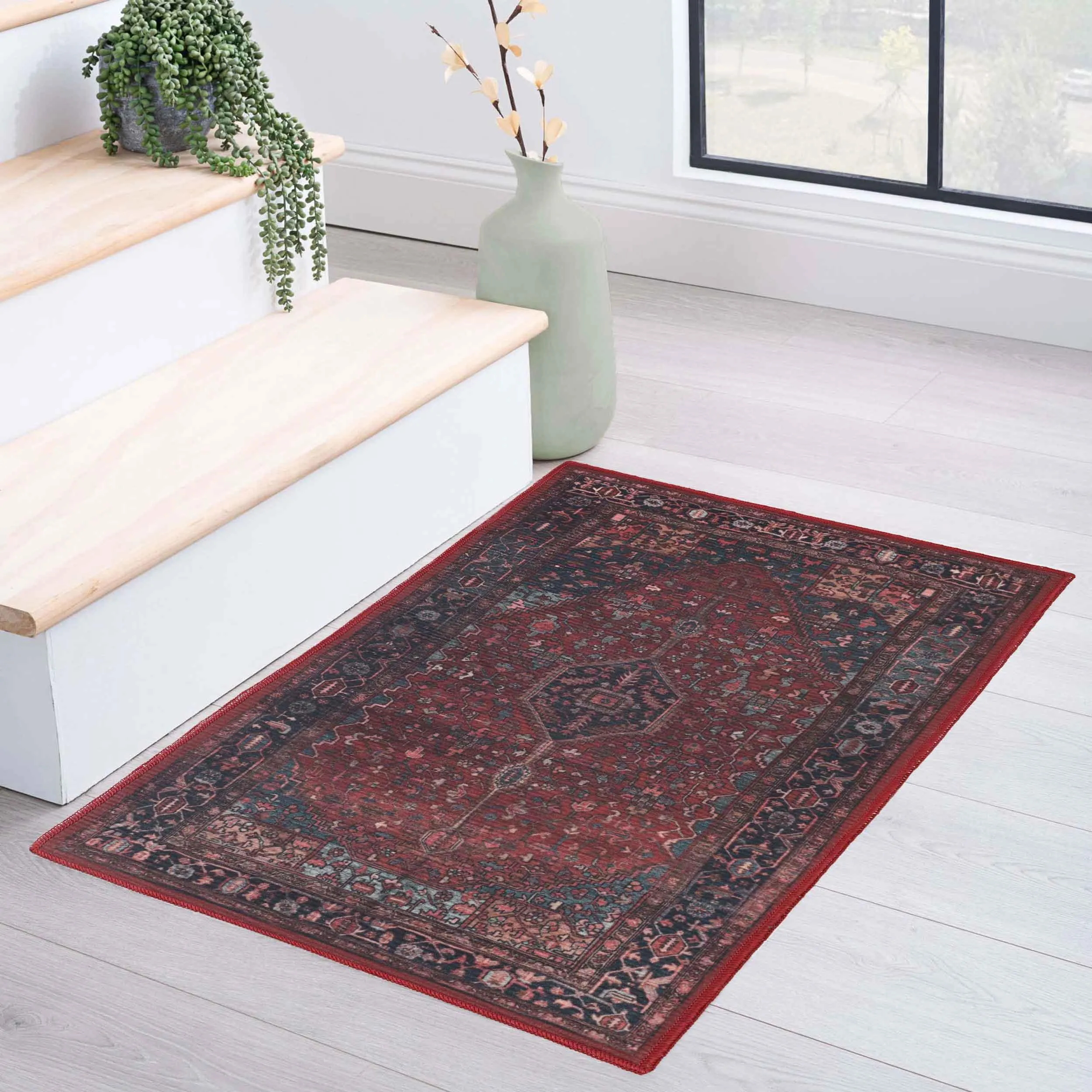 Cardinal Floral Medallion Washable Indoor Area Rug or Runner Rug