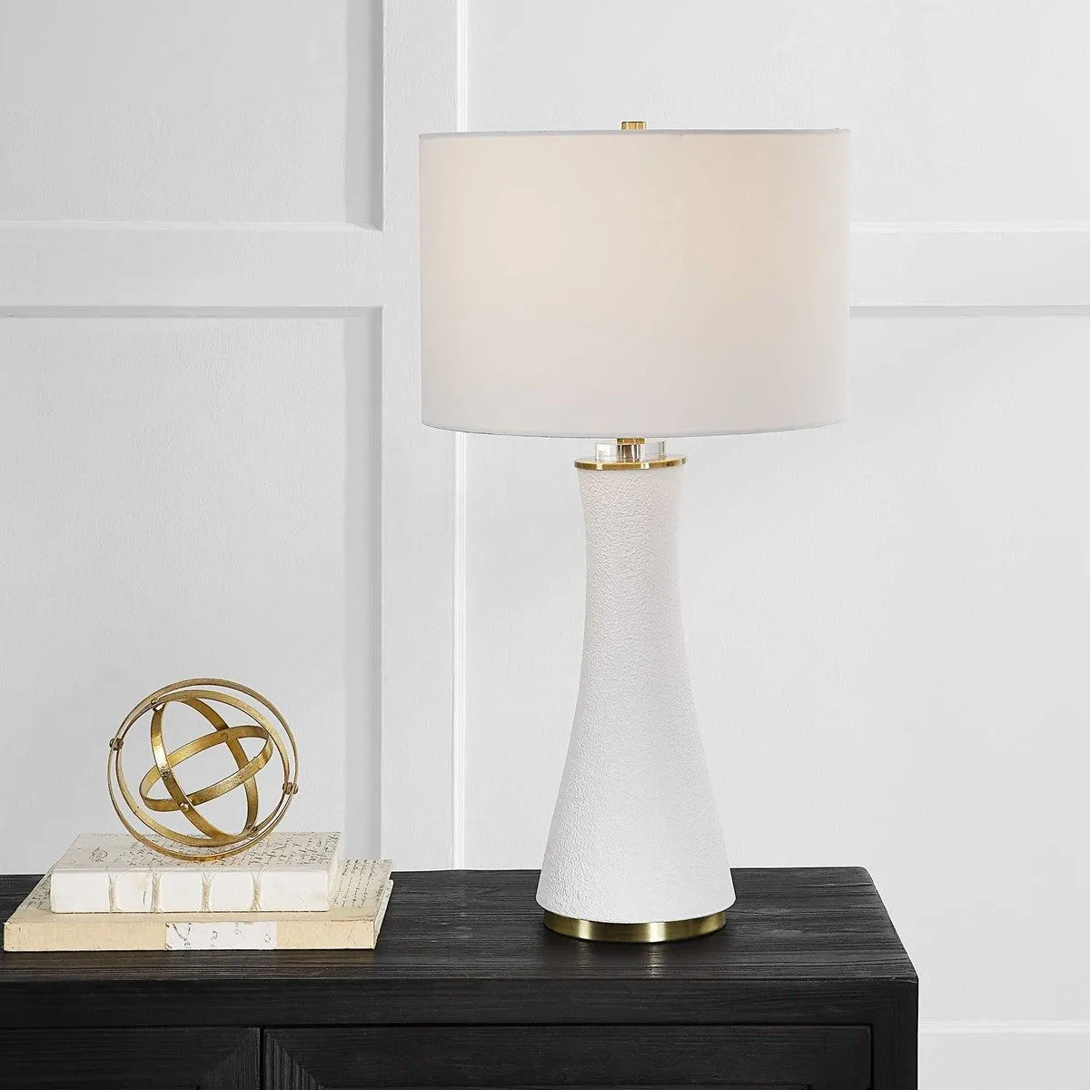 Casa Bella Living  White Linen Shade With Textured Matte White and Brushed Brass Base Table Lamp