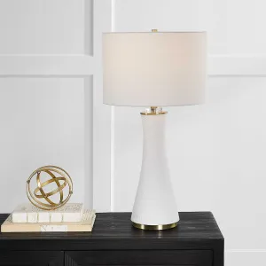 Casa Bella Living  White Linen Shade With Textured Matte White and Brushed Brass Base Table Lamp