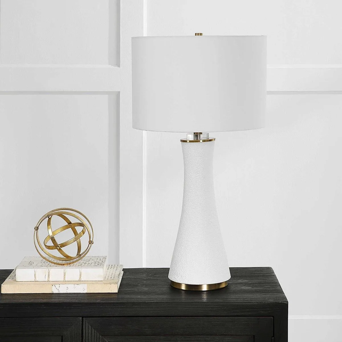Casa Bella Living  White Linen Shade With Textured Matte White and Brushed Brass Base Table Lamp
