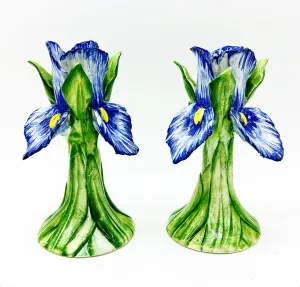 Classic vintage made in Italy signed Vietri blue iris candlesticks.