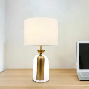 Clear Glass Bedside Table Lamp with White Fabric Shade - Elegant Plug-In Nightstand Light