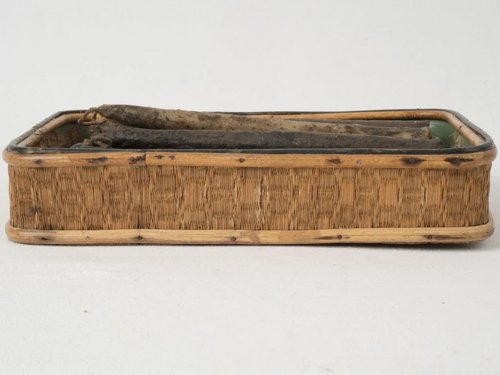 Collection of Antique Artisan-Made Church Candles in a Bamboo and Straw Box