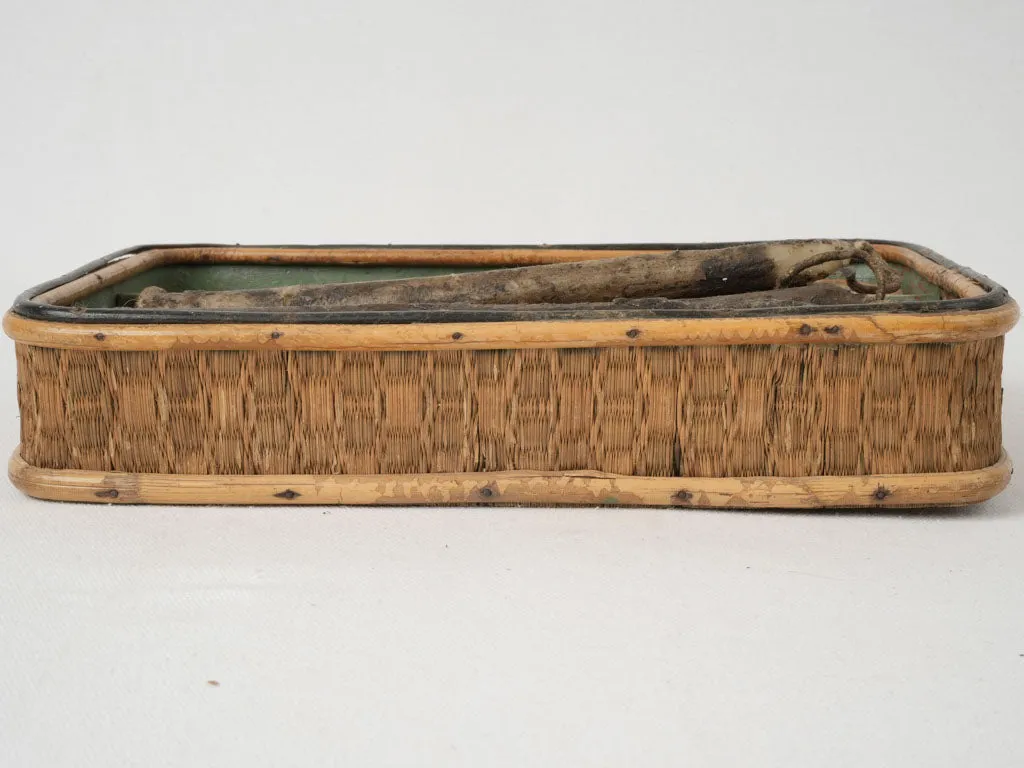 Collection of Antique Artisan-Made Church Candles in a Bamboo and Straw Box
