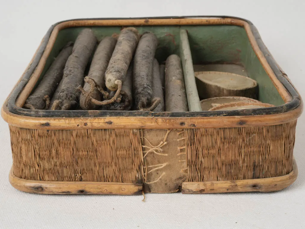 Collection of Antique Artisan-Made Church Candles in a Bamboo and Straw Box