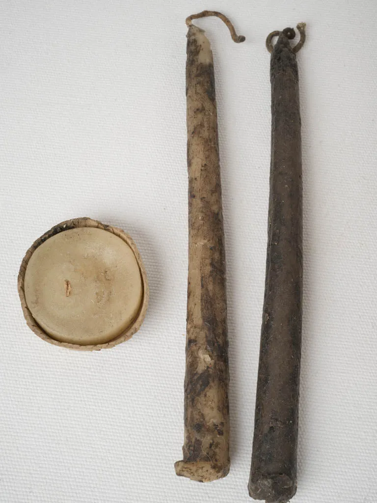 Collection of Antique Artisan-Made Church Candles in a Bamboo and Straw Box