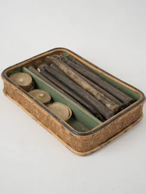 Collection of Antique Artisan-Made Church Candles in a Bamboo and Straw Box
