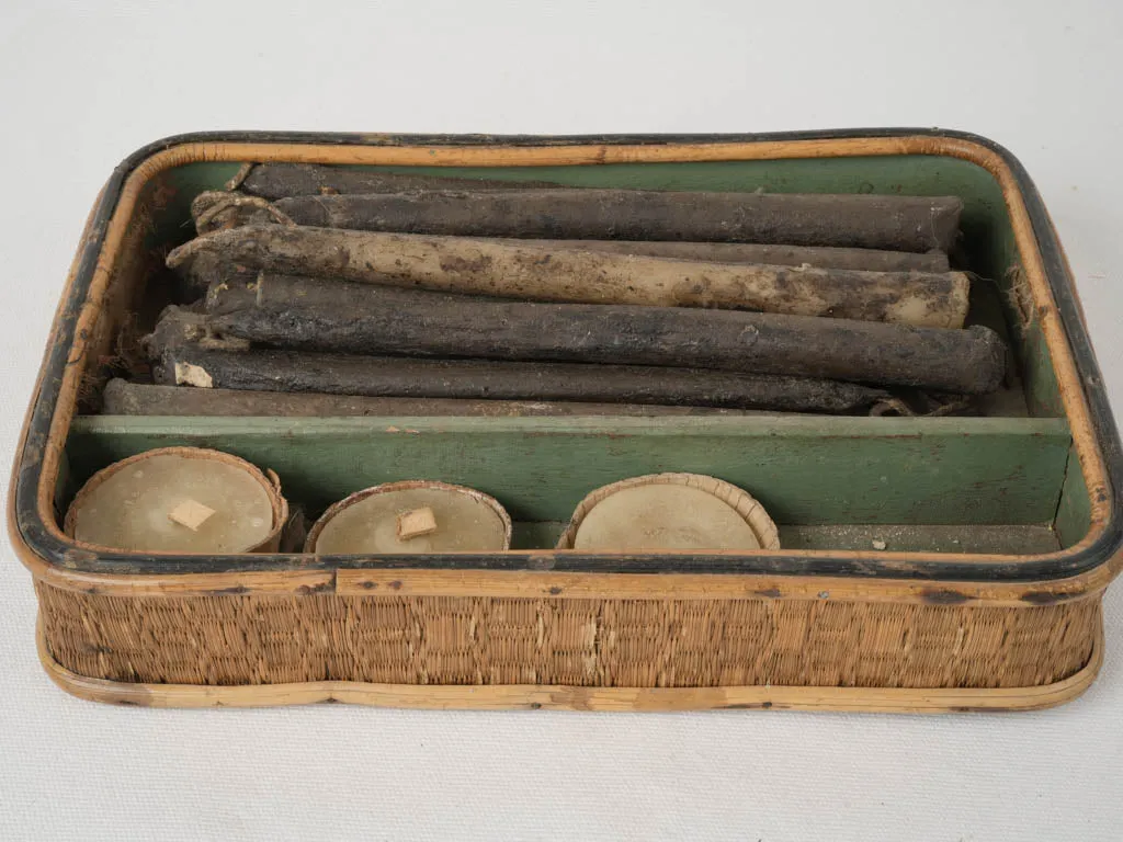 Collection of Antique Artisan-Made Church Candles in a Bamboo and Straw Box