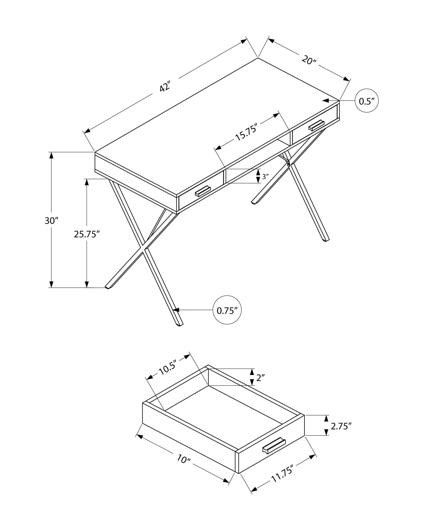 Computer Desk - 42"L / Black Marble / Black Metal